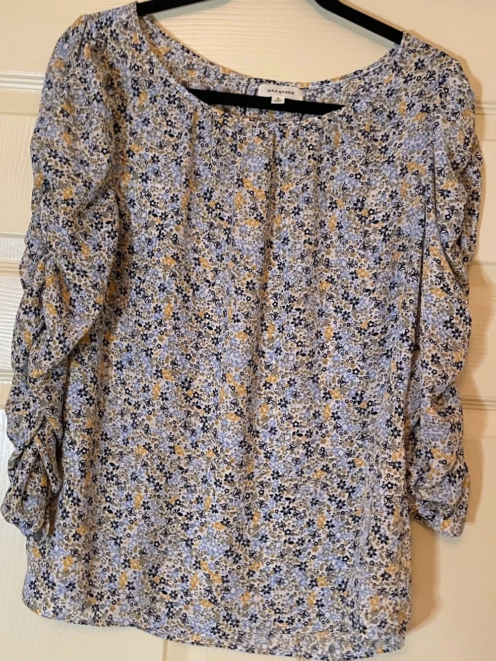 Max Studio Blue and Yellow Floral Scoop-Neck Blouse
